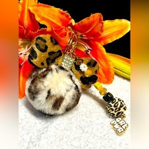 faux fur key chain with leopard print accent and girl power charm-long